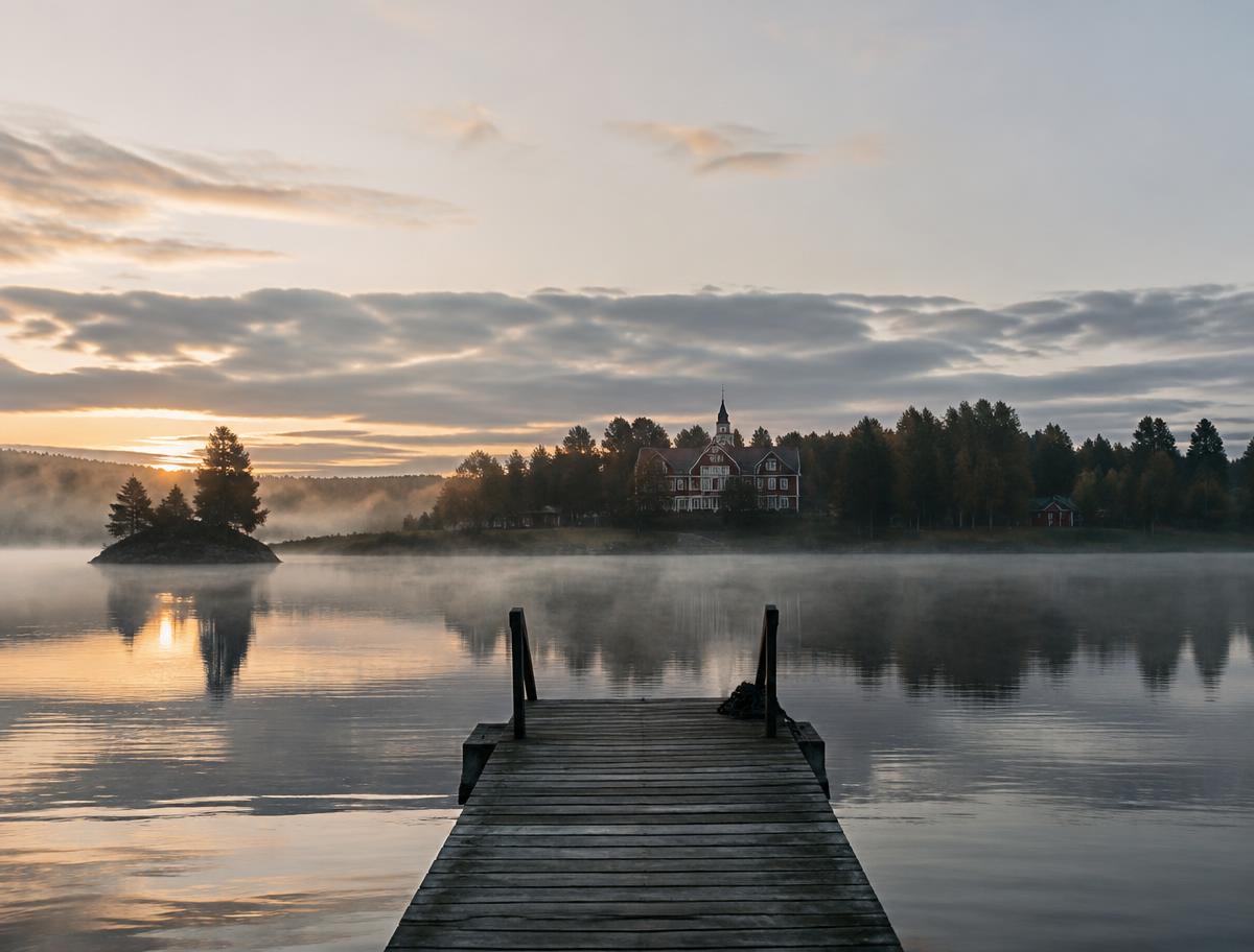 Jetty on a misty lake at dawn with a hotel in the background
