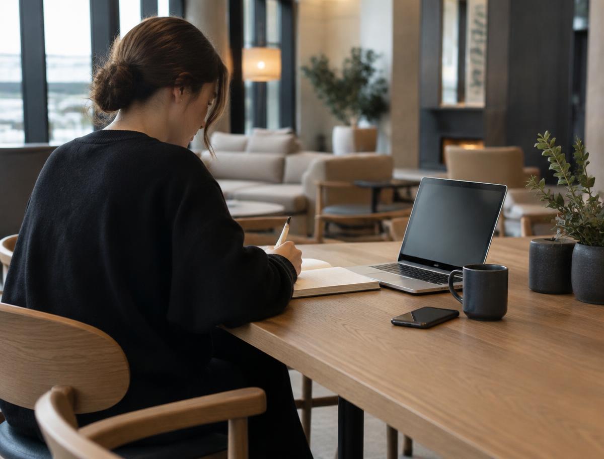 Person writing at an oak table in a hotel lobby